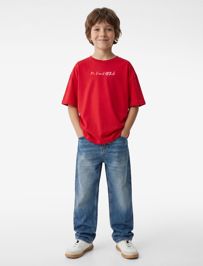 Erkek Çocuk Pamuklu Bisiklet Yaka Kısa Kollu Atatürk Baskılı Tişört