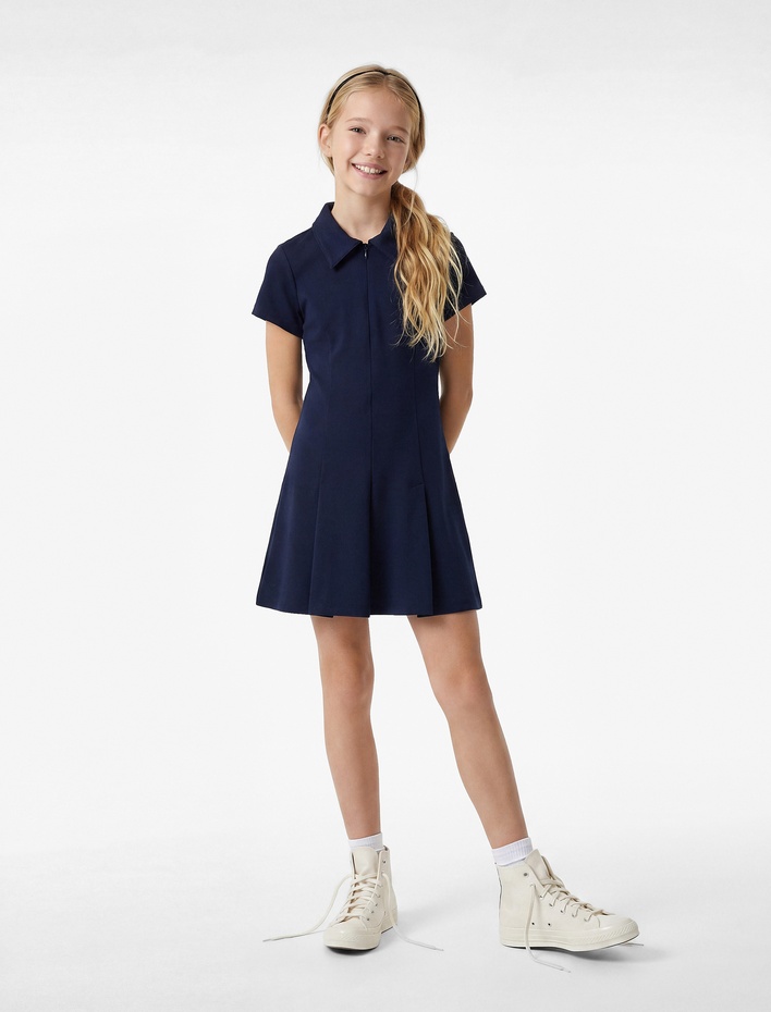 Kız Çocuk Viskon Karışımlı Fermuar Detaylı Kısa Kollu Gömlek Yaka Elbise