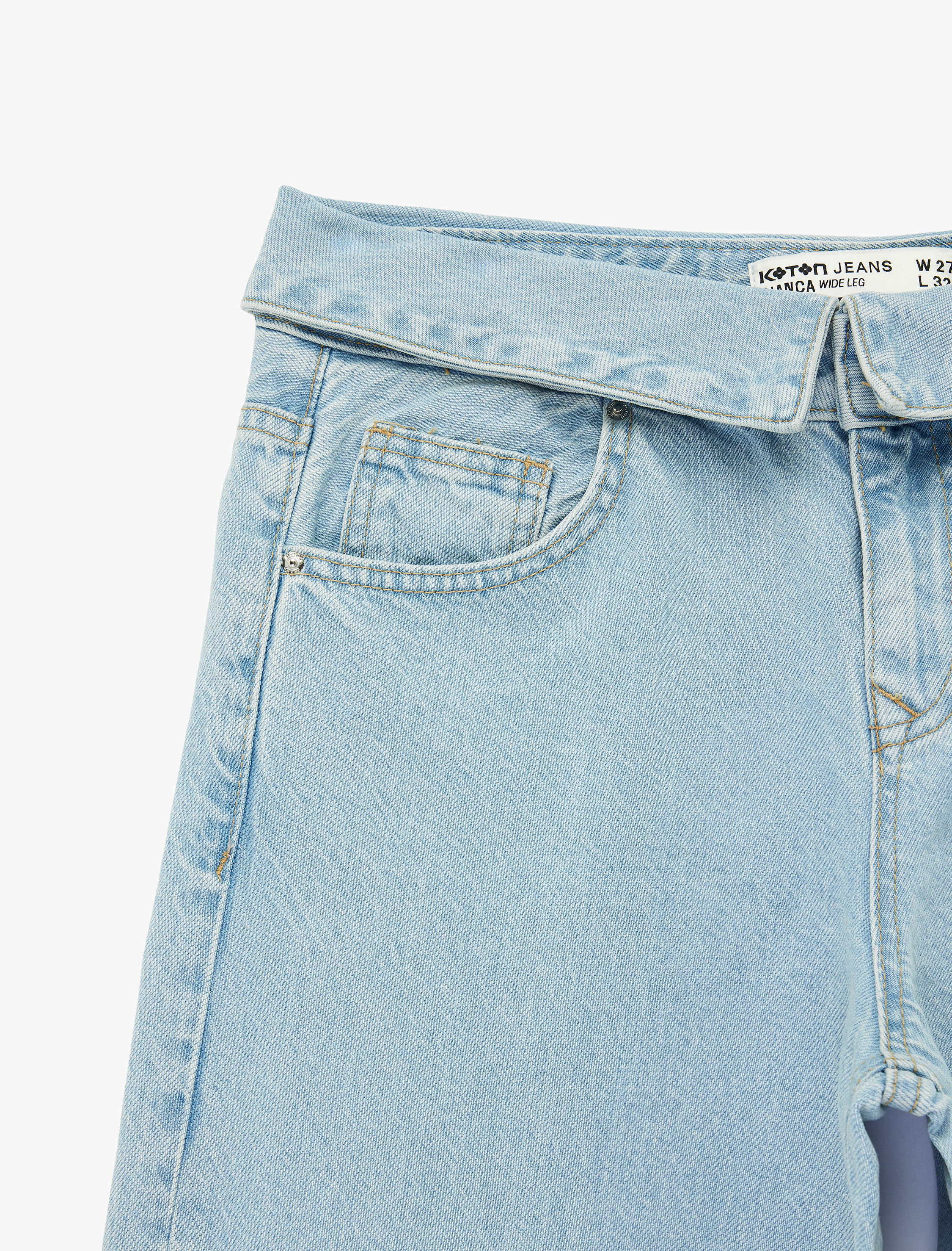   Normal Bel Katlama Detaylı Düğmeli Geniş Paça Denim Pantolon - Wide Leg Jeans