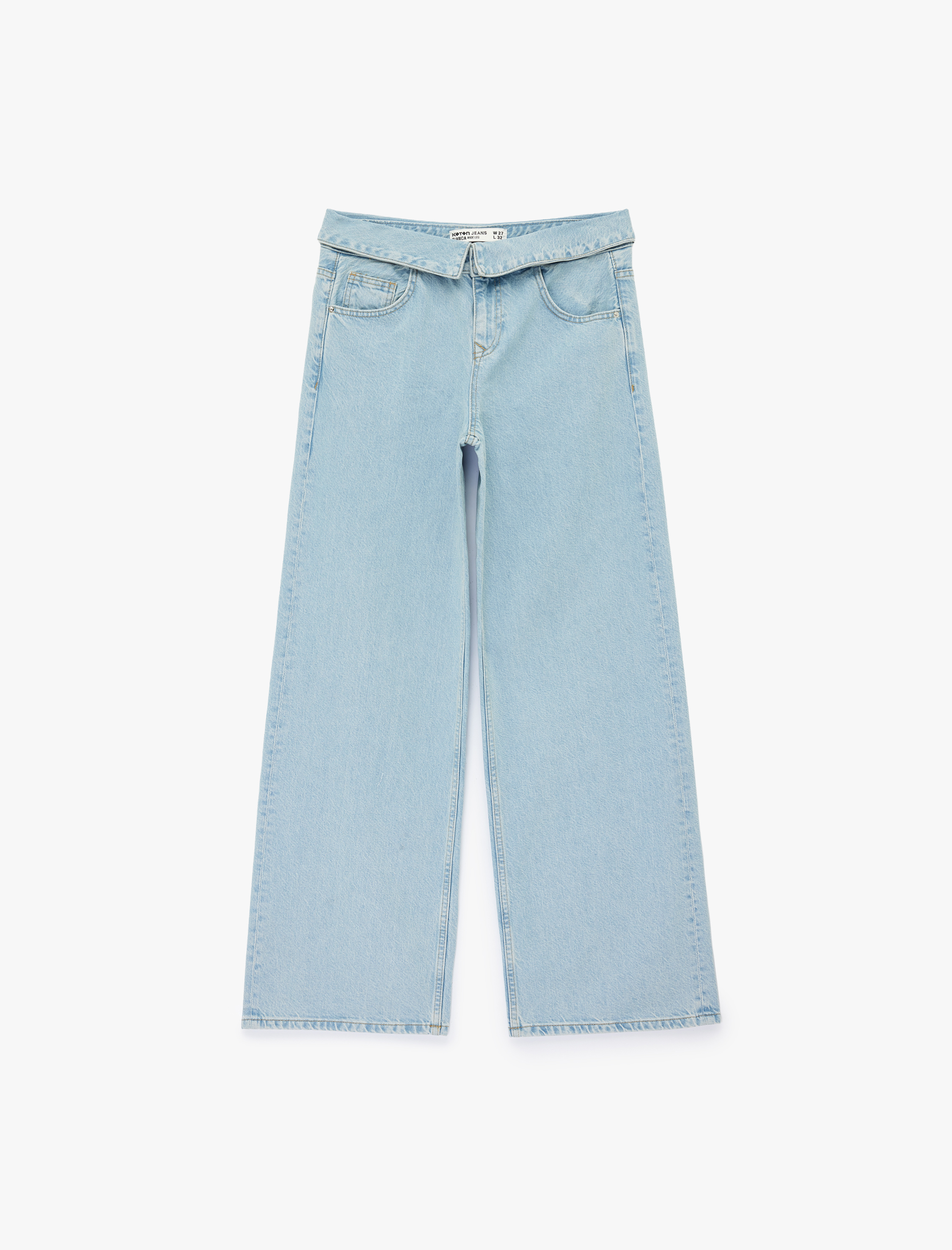   Normal Bel Katlama Detaylı Düğmeli Geniş Paça Denim Pantolon - Wide Leg Jeans