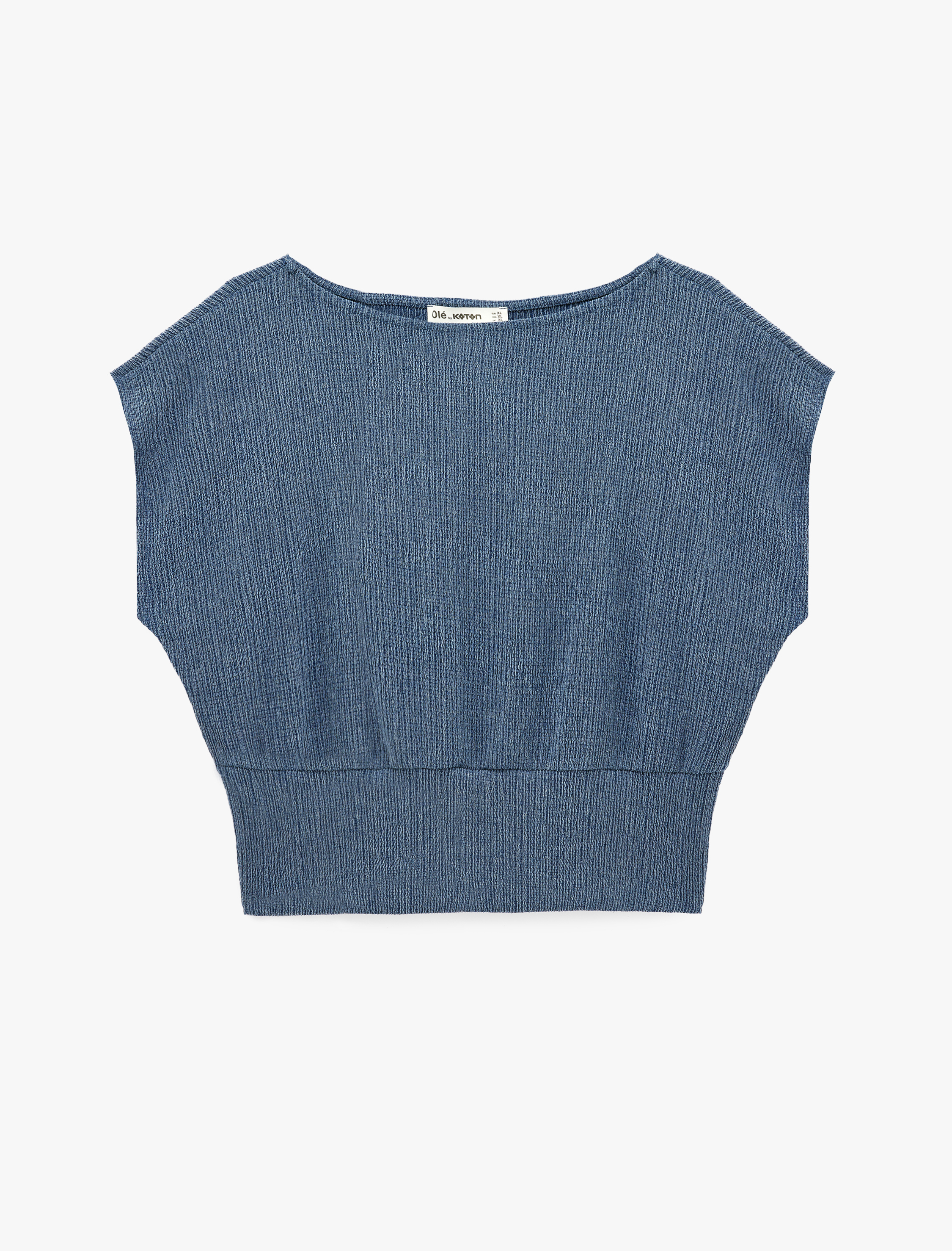   Viskon Karışımlı Bürümcük Bisiklet Yaka Kısa Kollu Crop Bluz