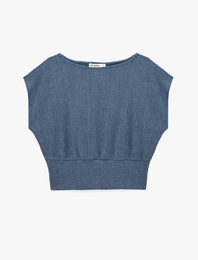 Viskon Karışımlı Bürümcük Bisiklet Yaka Kısa Kollu Crop Bluz