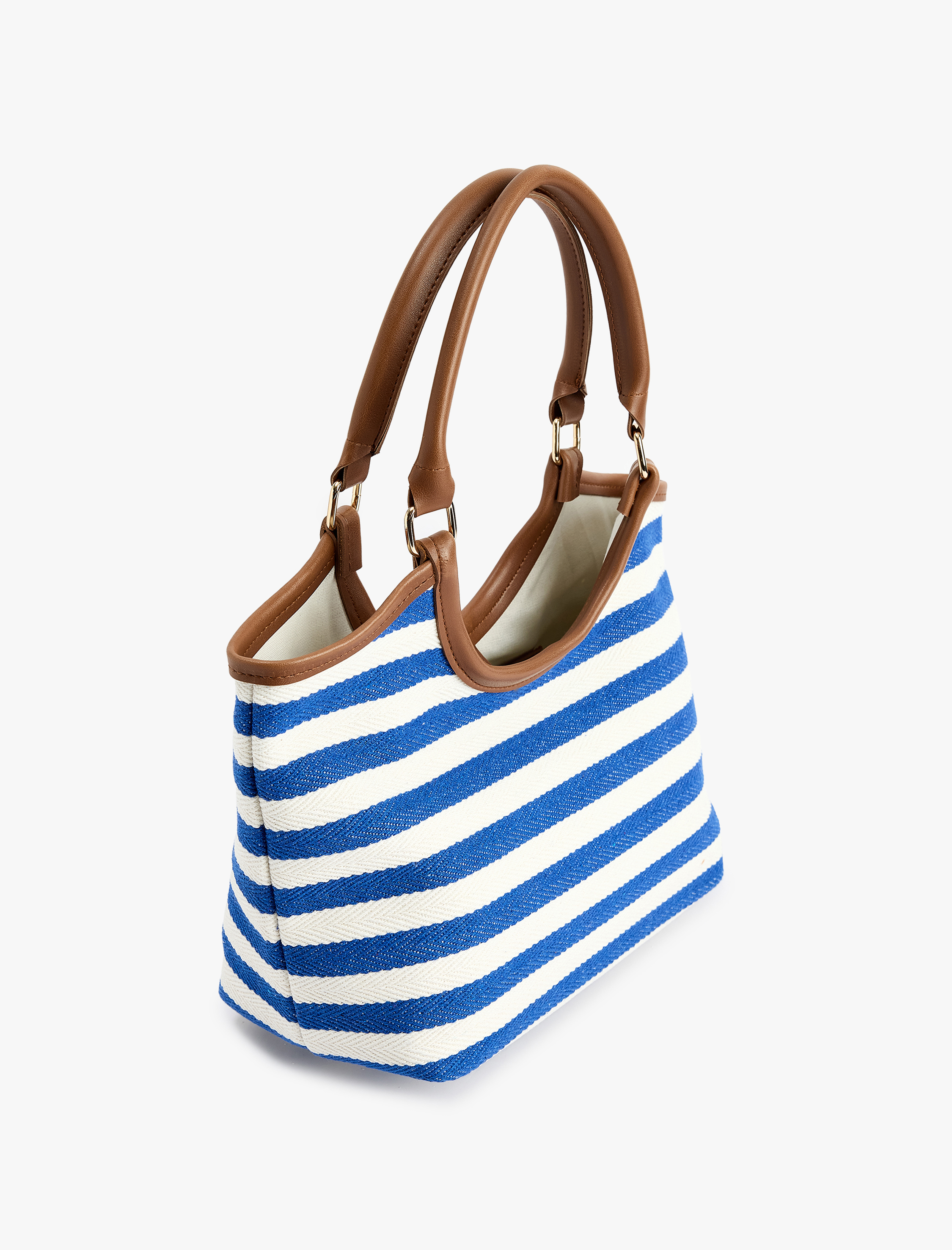  Kadın Çizgili Ahşap Saplı Tote Çanta