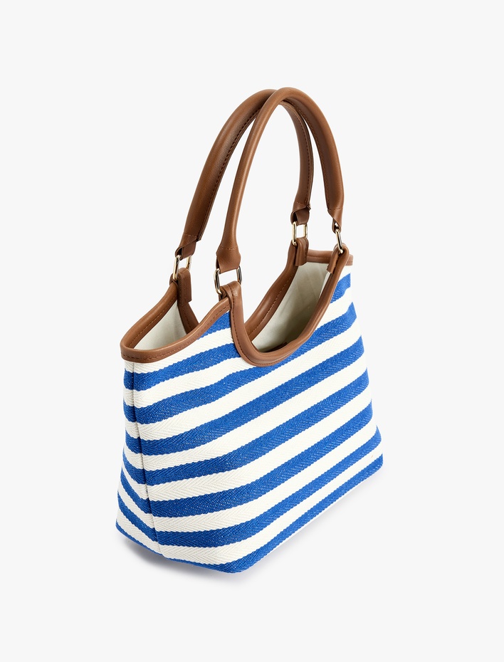 Kadın Çizgili Ahşap Saplı Tote Çanta