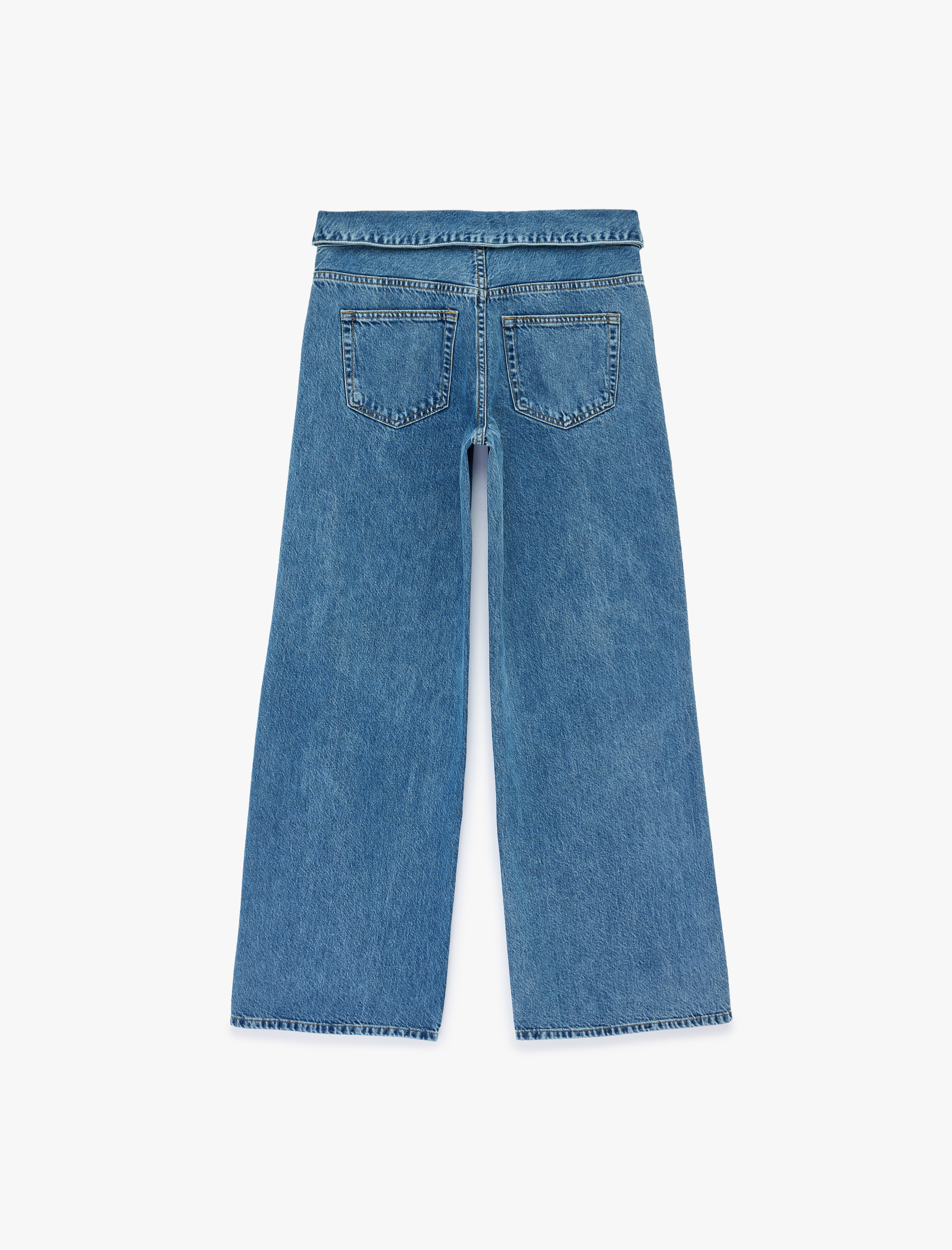   Normal Bel Katlama Detaylı Düğmeli Geniş Paça Denim Pantolon - Wide Leg Jeans