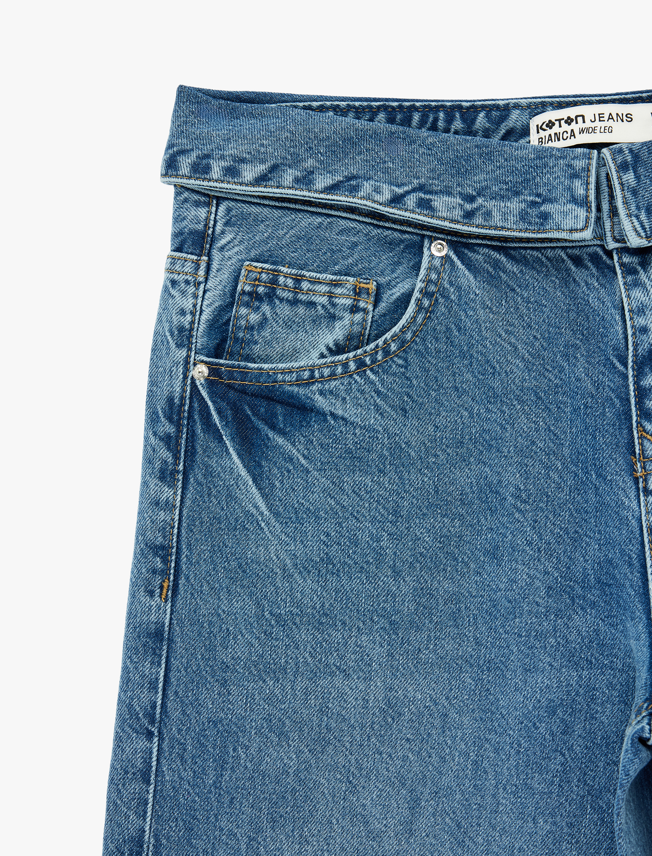   Normal Bel Katlama Detaylı Düğmeli Geniş Paça Denim Pantolon - Wide Leg Jeans