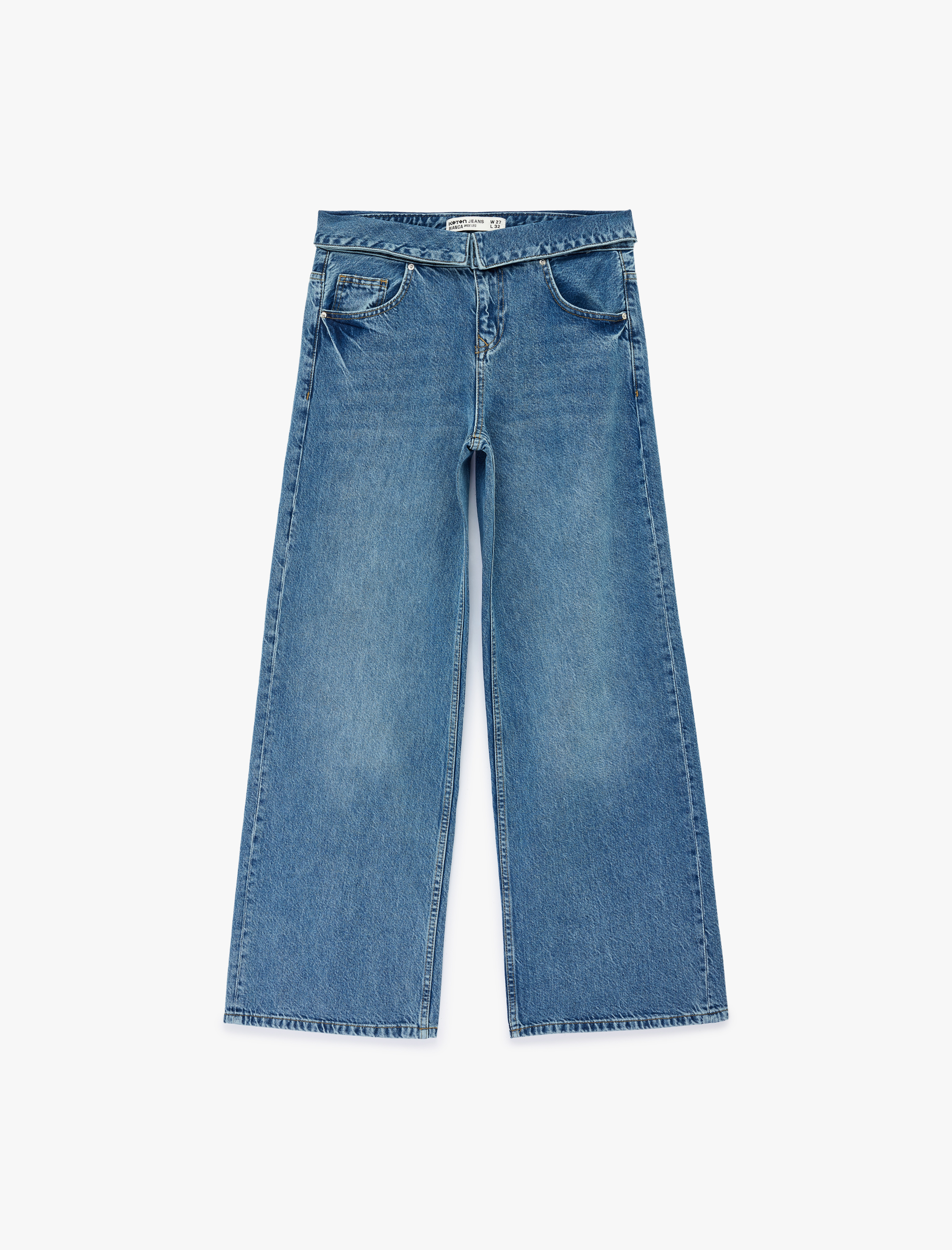   Normal Bel Katlama Detaylı Düğmeli Geniş Paça Denim Pantolon - Wide Leg Jeans