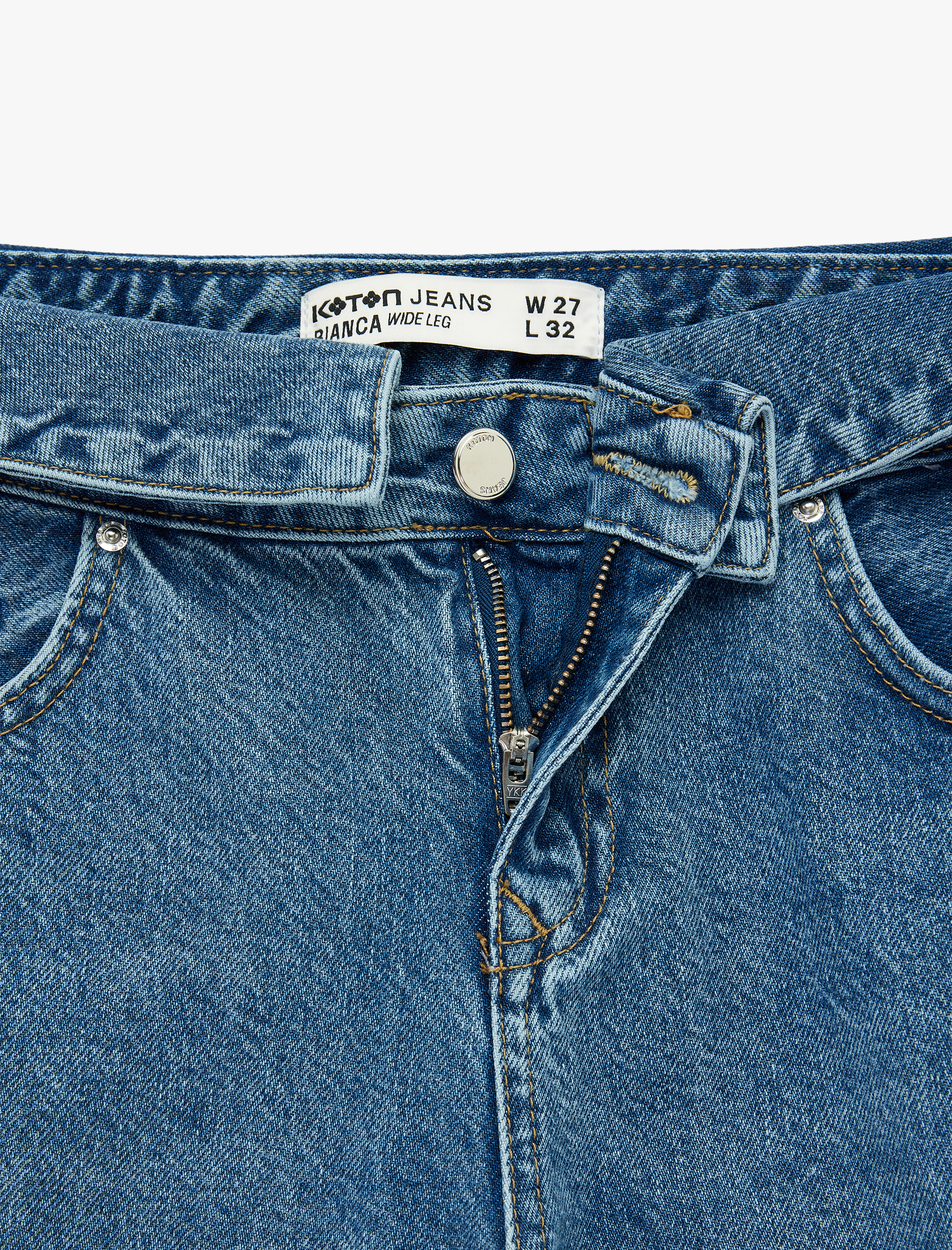   Normal Bel Katlama Detaylı Düğmeli Geniş Paça Denim Pantolon - Wide Leg Jeans