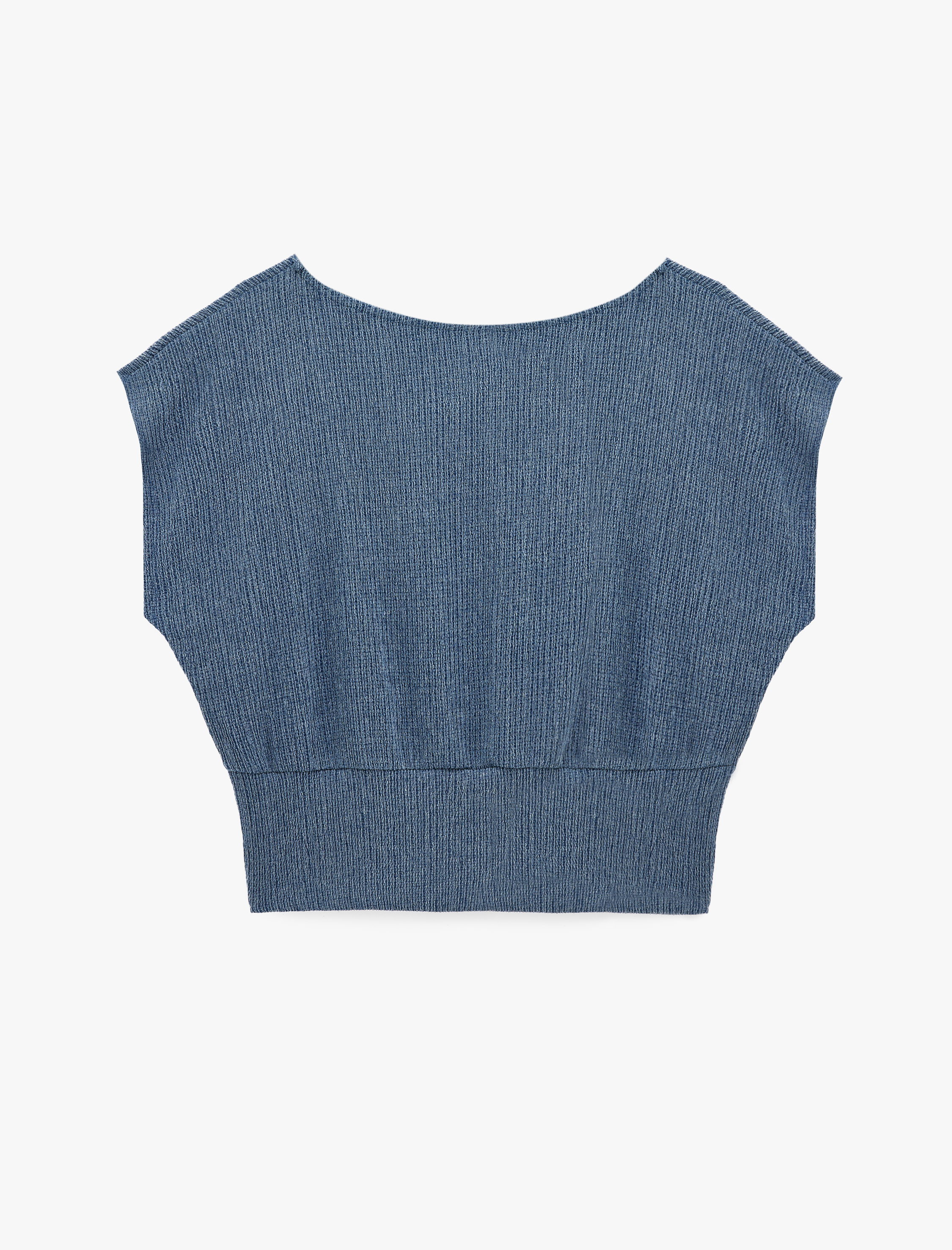   Viskon Karışımlı Bürümcük Bisiklet Yaka Kısa Kollu Crop Bluz