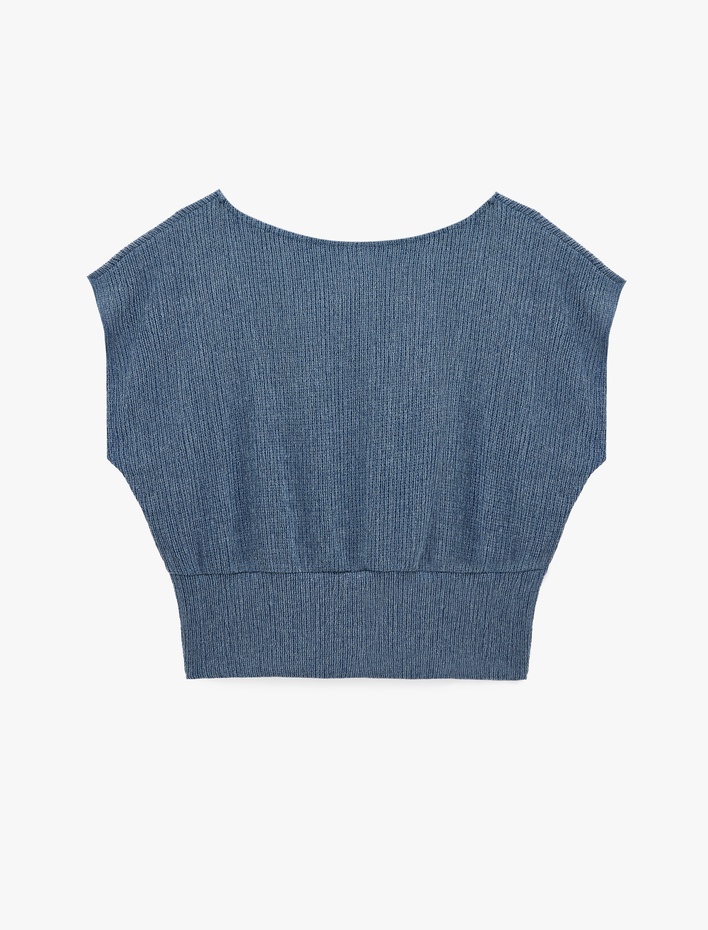  Viskon Karışımlı Bürümcük Bisiklet Yaka Kısa Kollu Crop Bluz