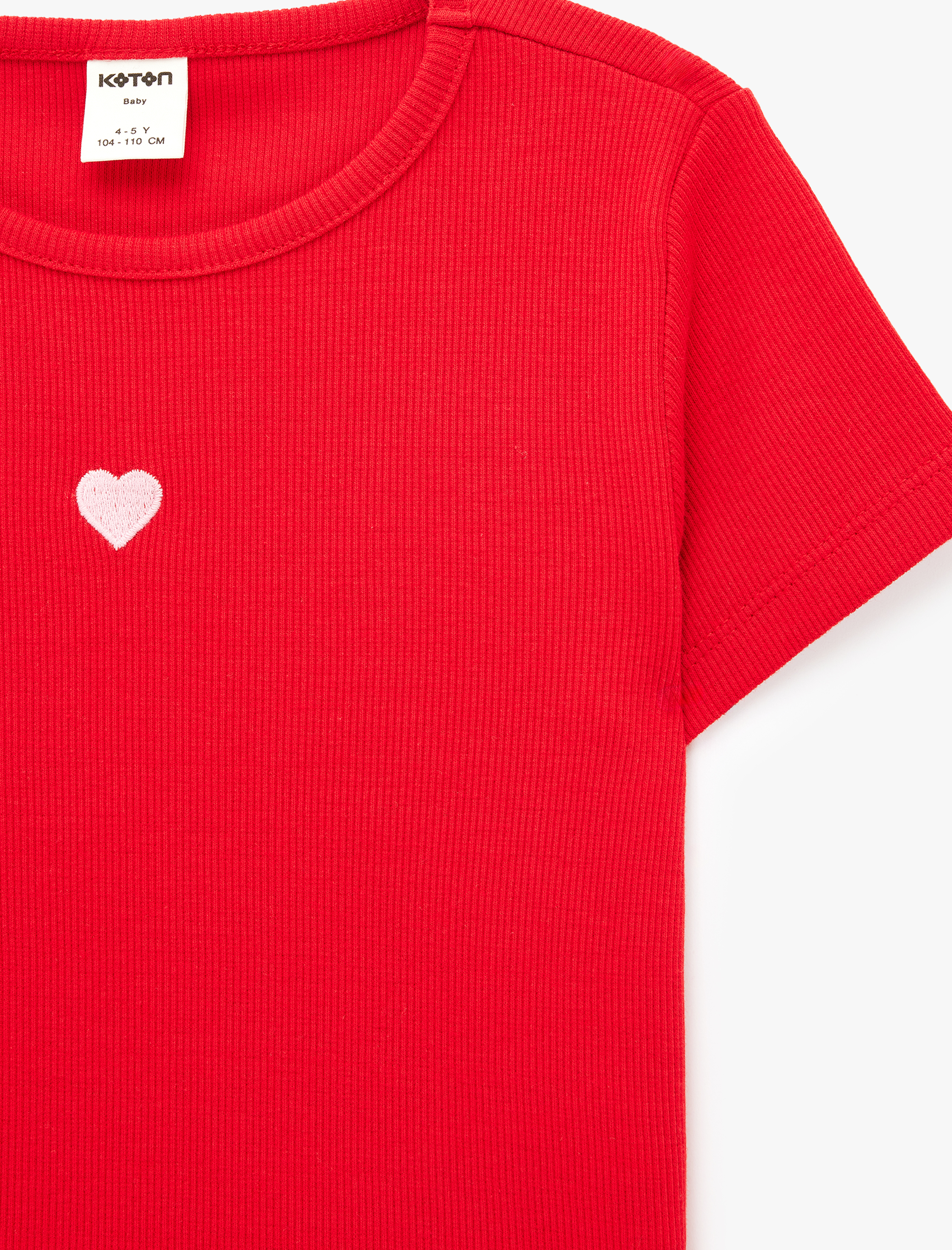  Kız Bebek Kalp detaylı Kaşkorse Bisiklet Yaka Kısa Kollu Pamuklu Tişört