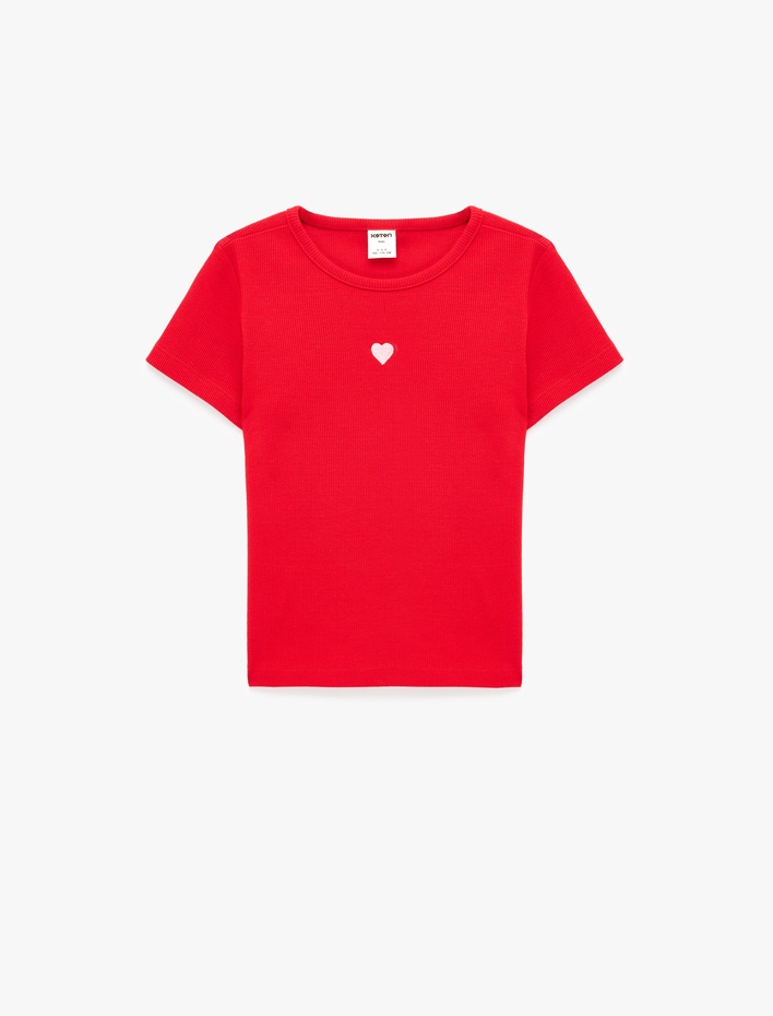 Kız Bebek Kalp detaylı Kaşkorse Bisiklet Yaka Kısa Kollu Pamuklu Tişört