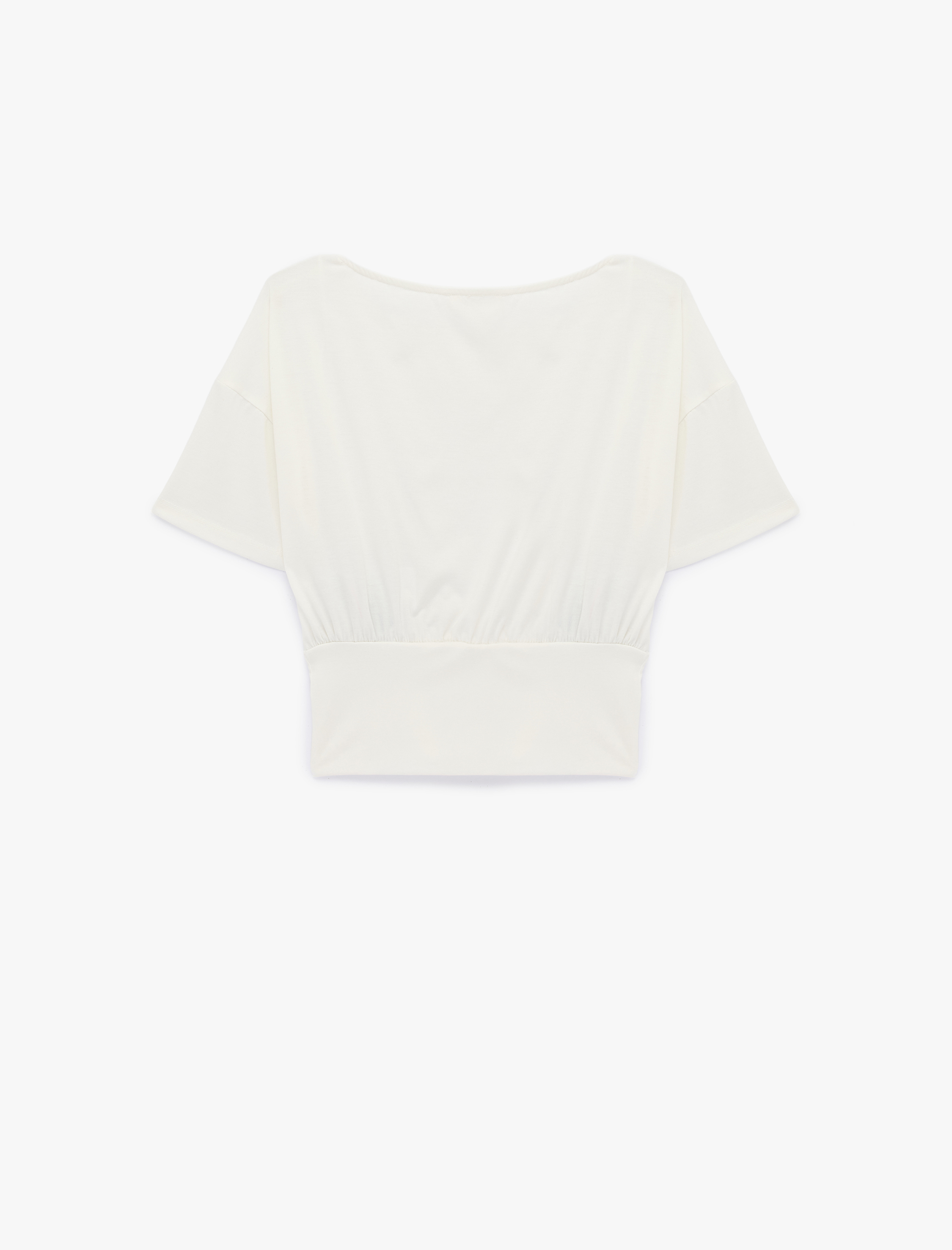   Kısa Kollu Viskon Karışımlı Kayık Yaka Crop Tişört