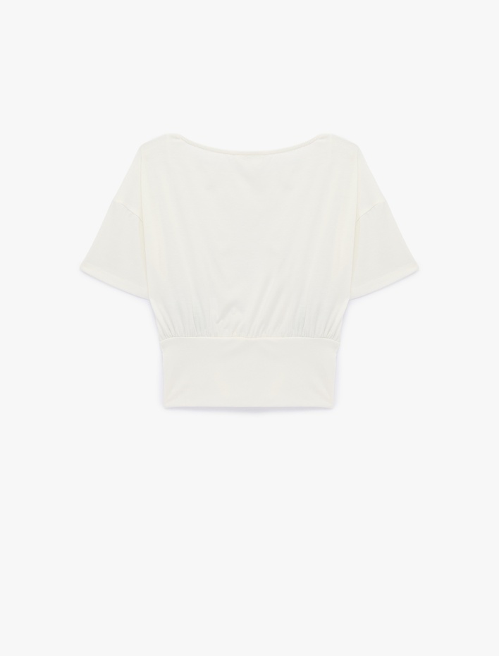  Kısa Kollu Viskon Karışımlı Kayık Yaka Crop Tişört