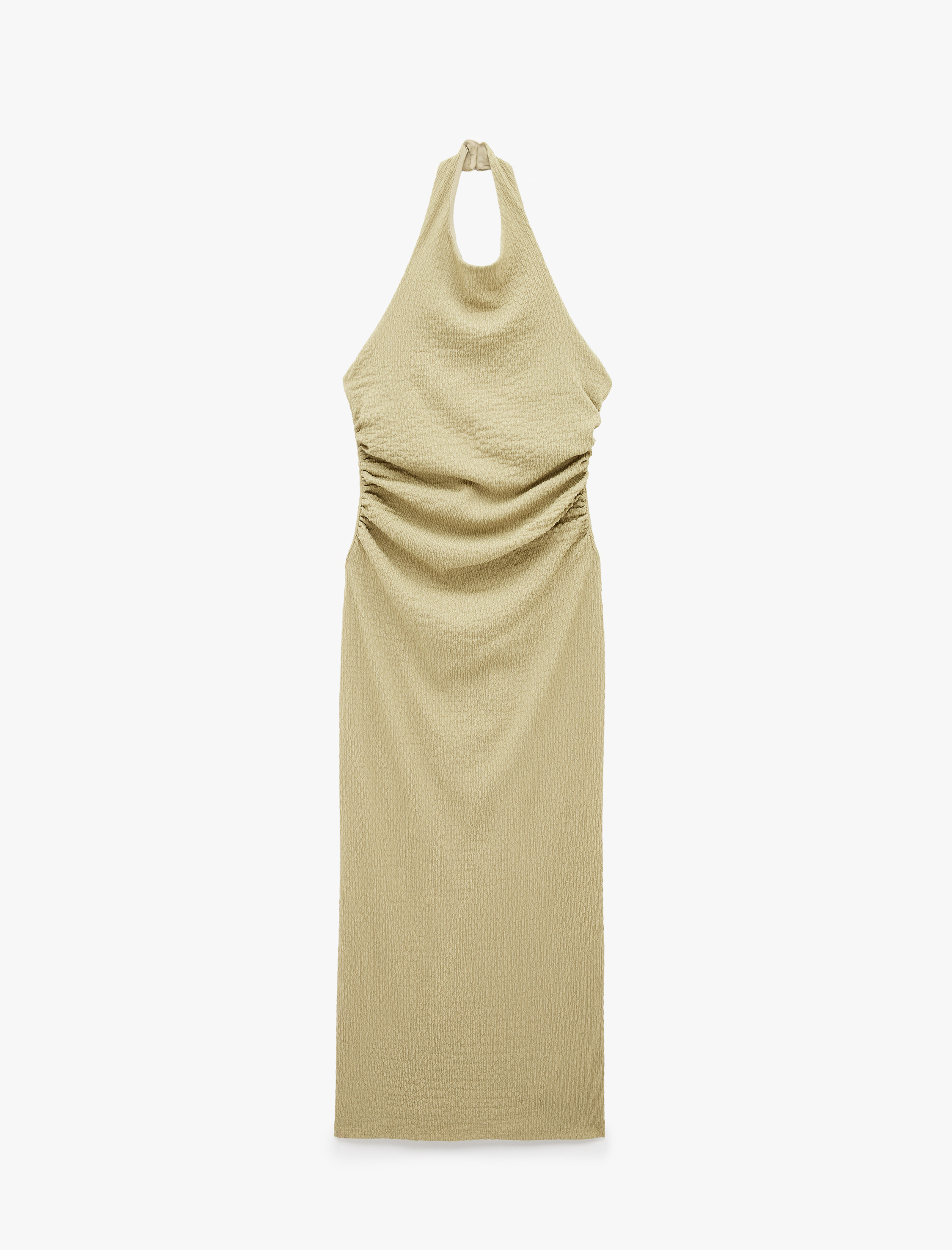   Bürümcük Kumaş Drapeli Sırt Dekolteli Boyundan Bağlamalı Halter Yaka Midi Elbise