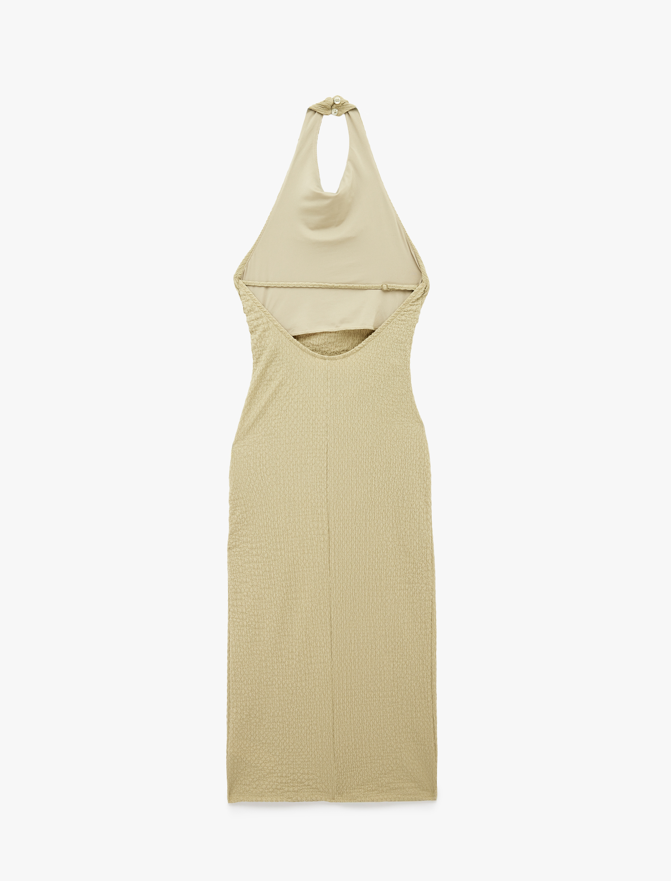   Bürümcük Kumaş Drapeli Sırt Dekolteli Boyundan Bağlamalı Halter Yaka Midi Elbise