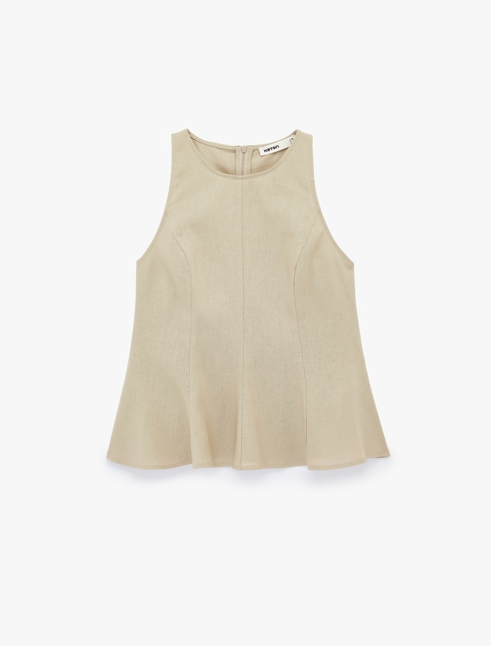  Bisiklet Yaka Kolsuz Peplum Keten Bluz