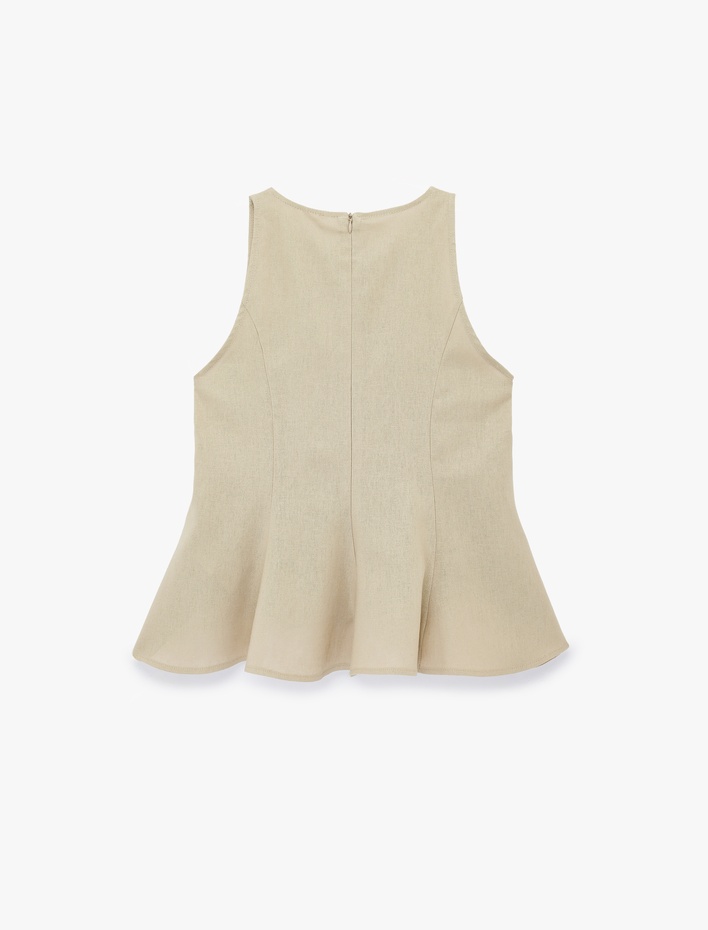  Bisiklet Yaka Kolsuz Peplum Keten Bluz