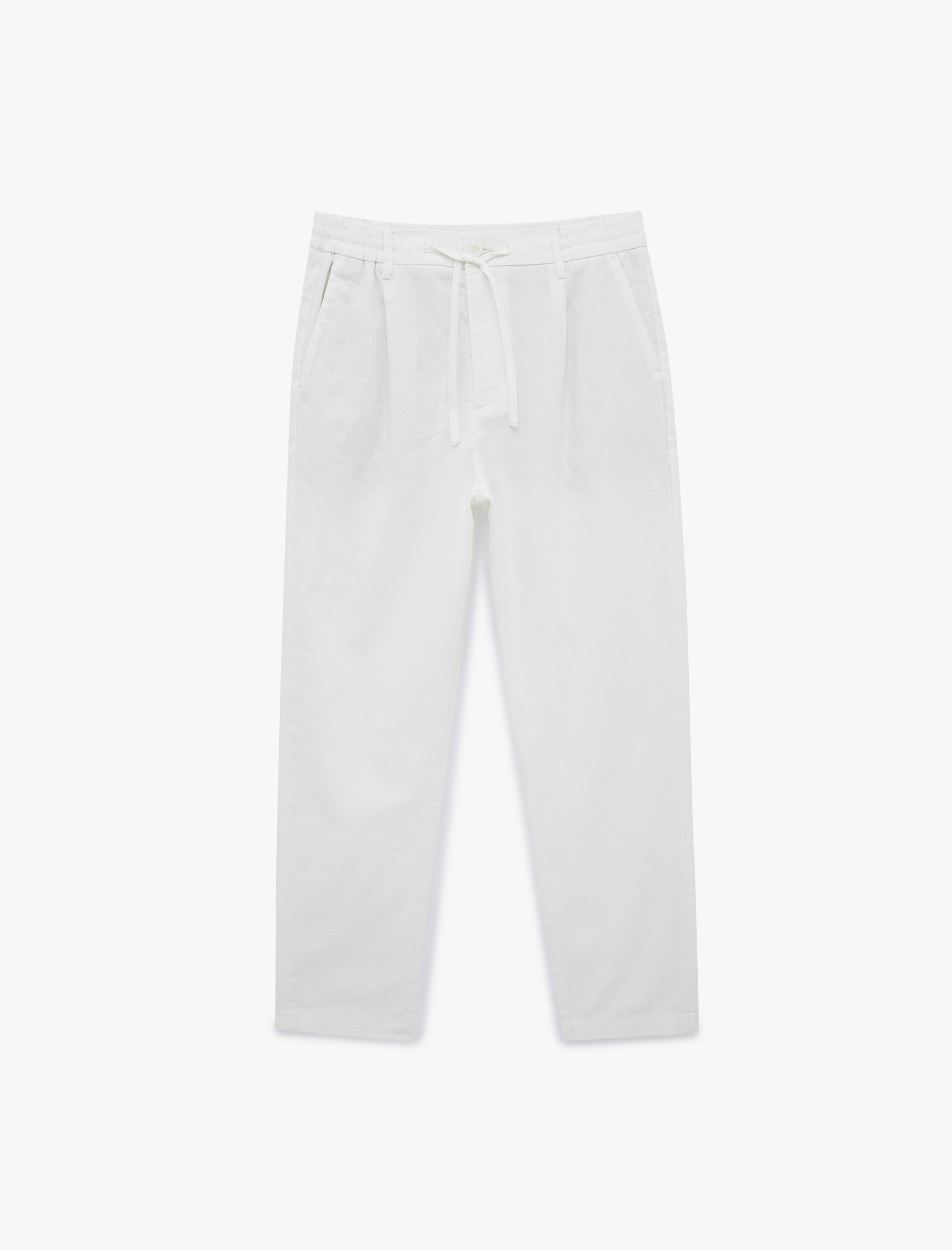   Regular Fit Beli Lastikli Düğmeli Düz Paça Keten Karışımlı Chino Pantolon