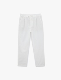 Regular Fit Beli Lastikli Düğmeli Düz Paça Keten Karışımlı Chino Pantolon