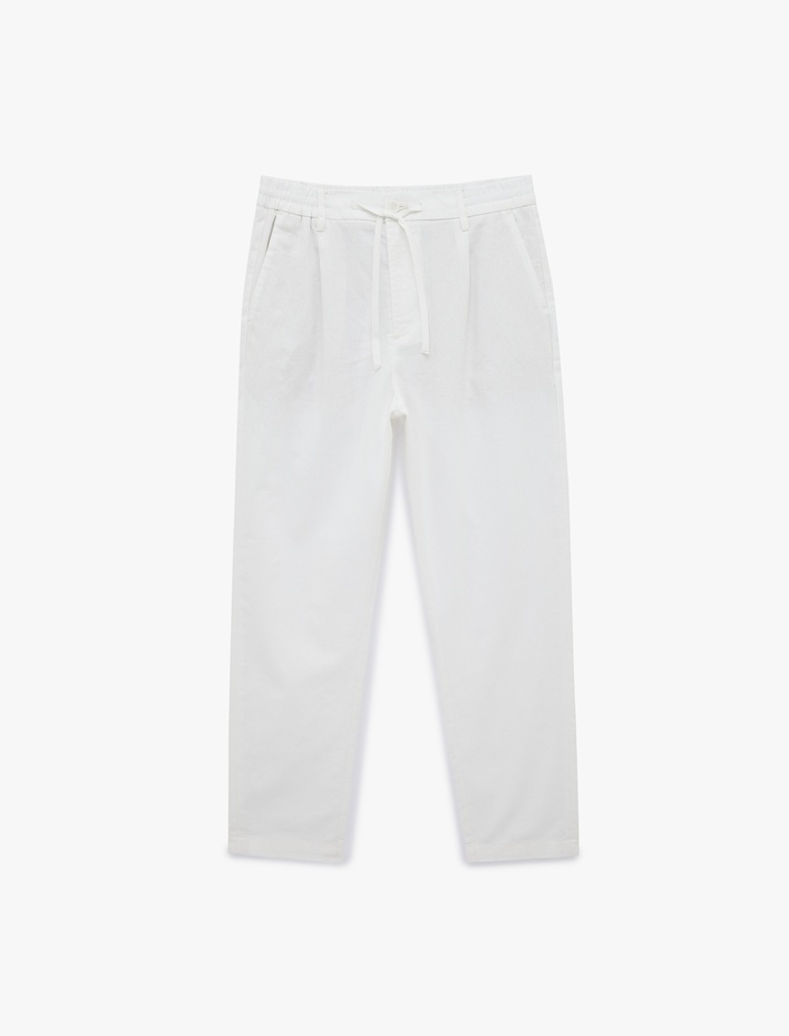  Regular Fit Beli Lastikli Düğmeli Düz Paça Keten Karışımlı Chino Pantolon