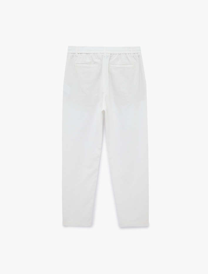  Regular Fit Beli Lastikli Düğmeli Düz Paça Keten Karışımlı Chino Pantolon