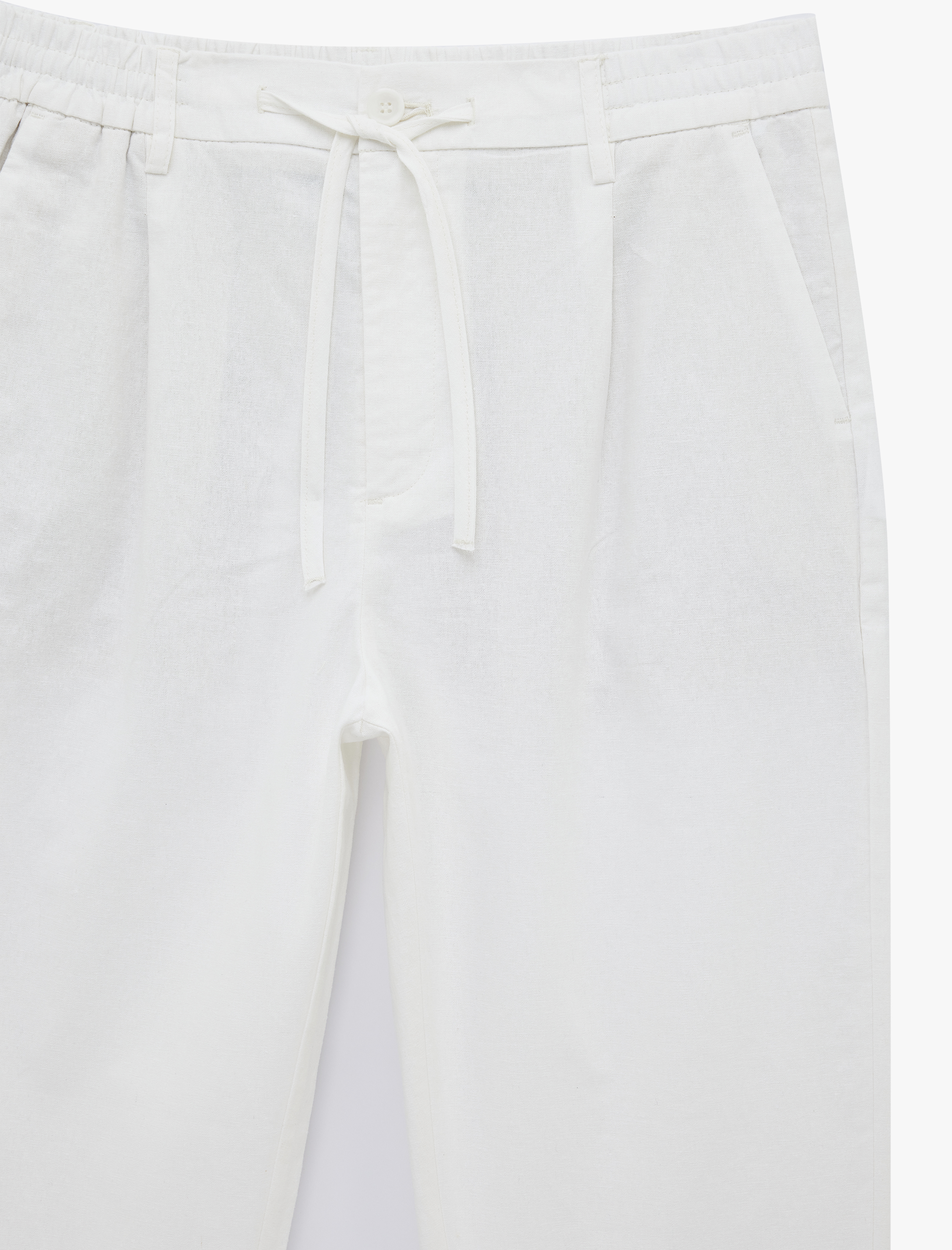   Regular Fit Beli Lastikli Düğmeli Düz Paça Keten Karışımlı Chino Pantolon