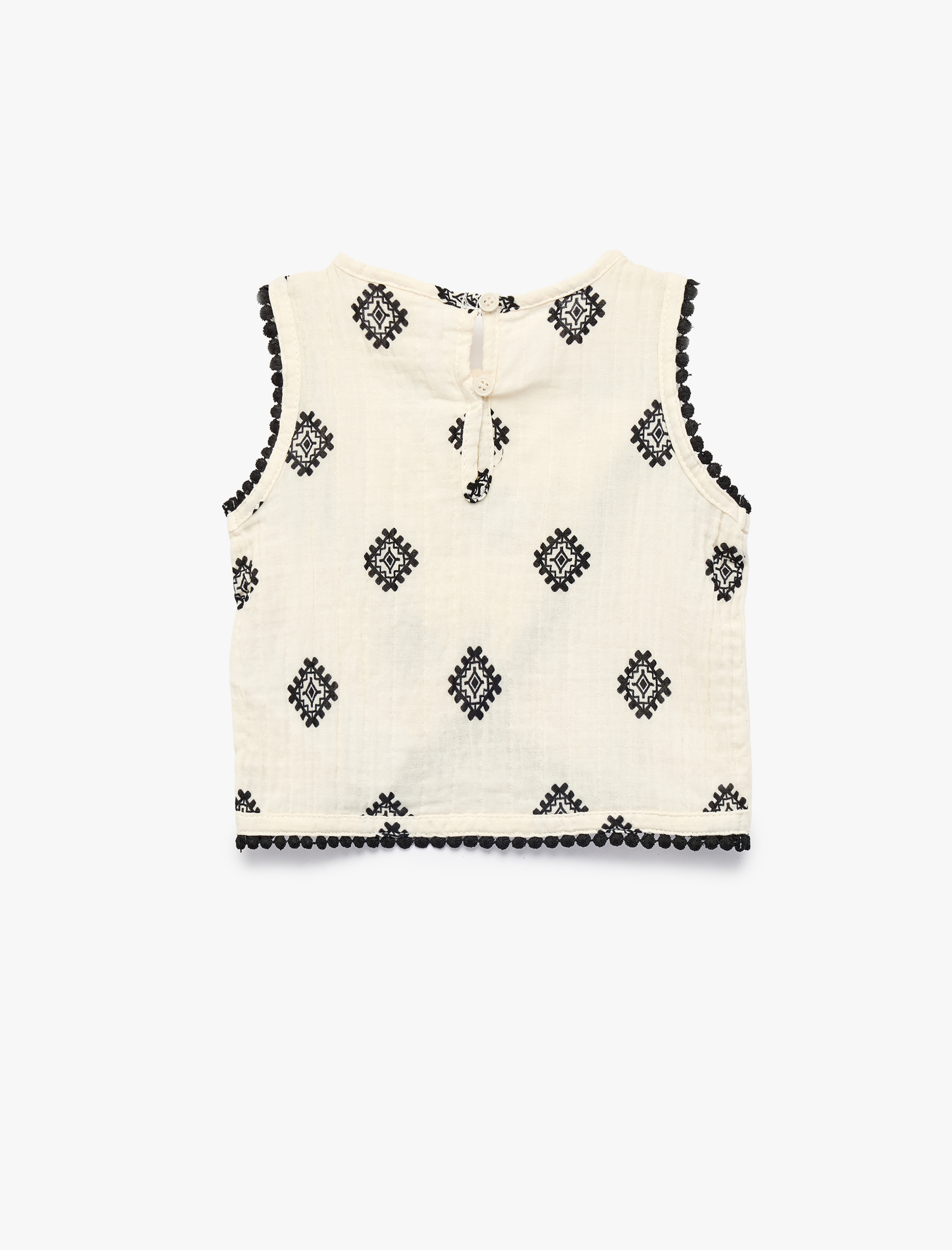  Kız Bebek Asimetrik Kesim Bisiklet Yaka Kolsuz Nakışlı Müslin Bluz