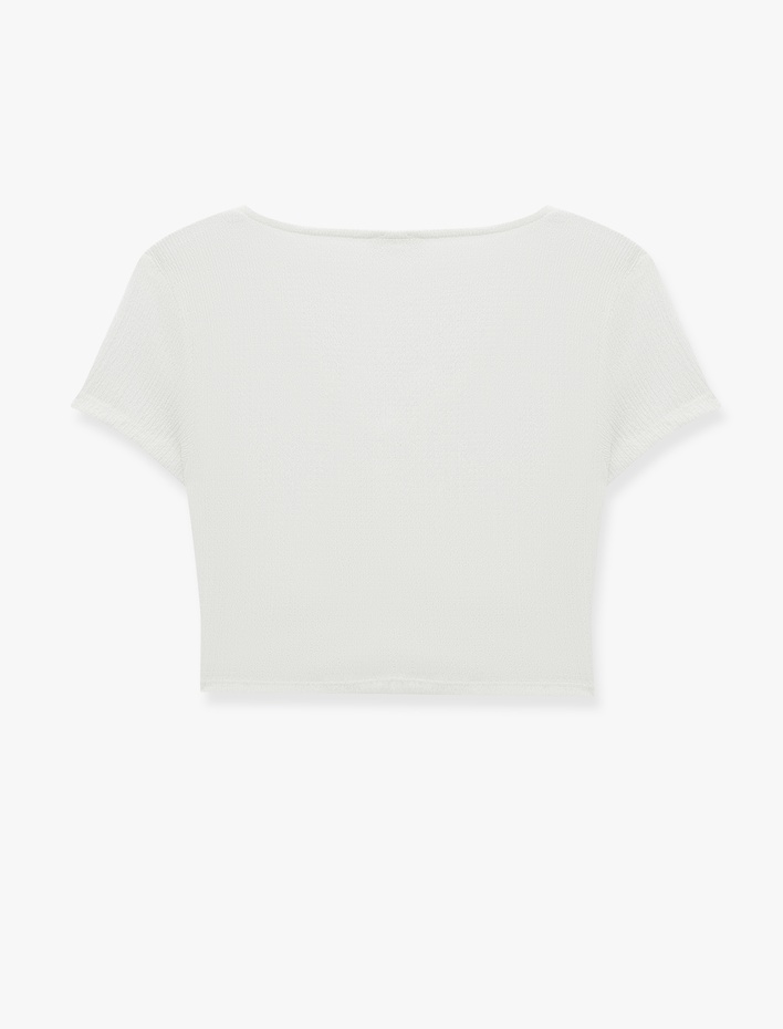  Bürümcük Kumaş Dantelli Slim Fit V Yaka Büzgülü Tişört