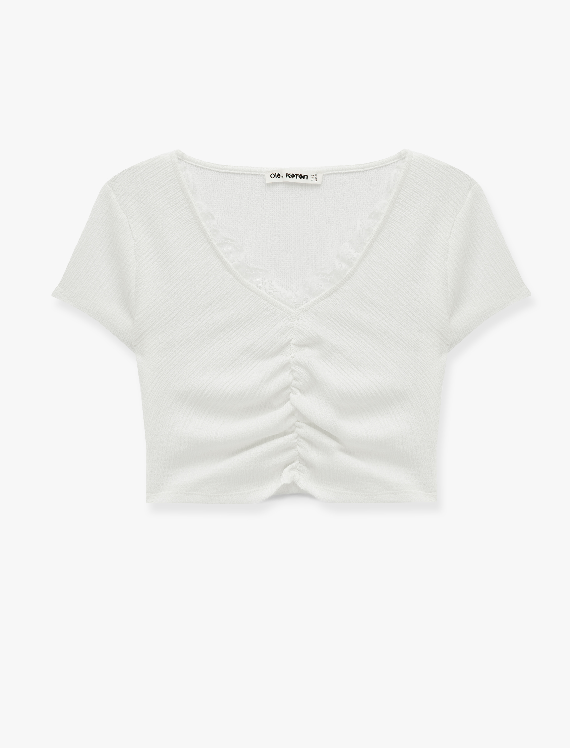   Bürümcük Kumaş Dantelli Slim Fit V Yaka Büzgülü Tişört