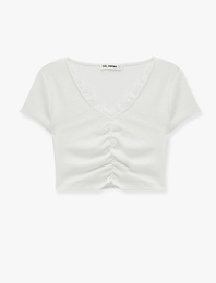 Bürümcük Kumaş Dantelli Slim Fit V Yaka Büzgülü Tişört