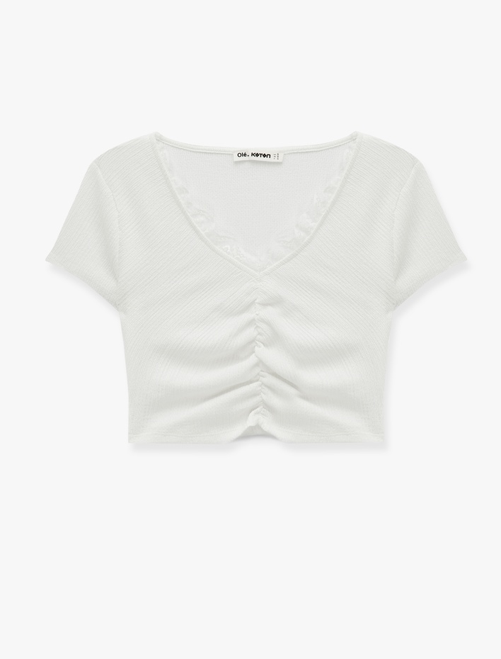  Bürümcük Kumaş Dantelli Slim Fit V Yaka Büzgülü Tişört