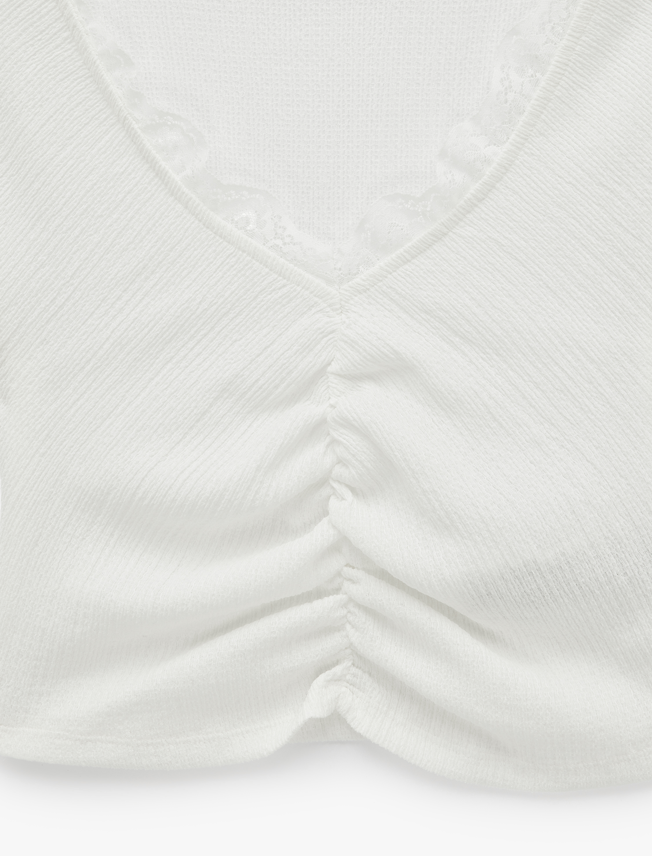   Bürümcük Kumaş Dantelli Slim Fit V Yaka Büzgülü Tişört