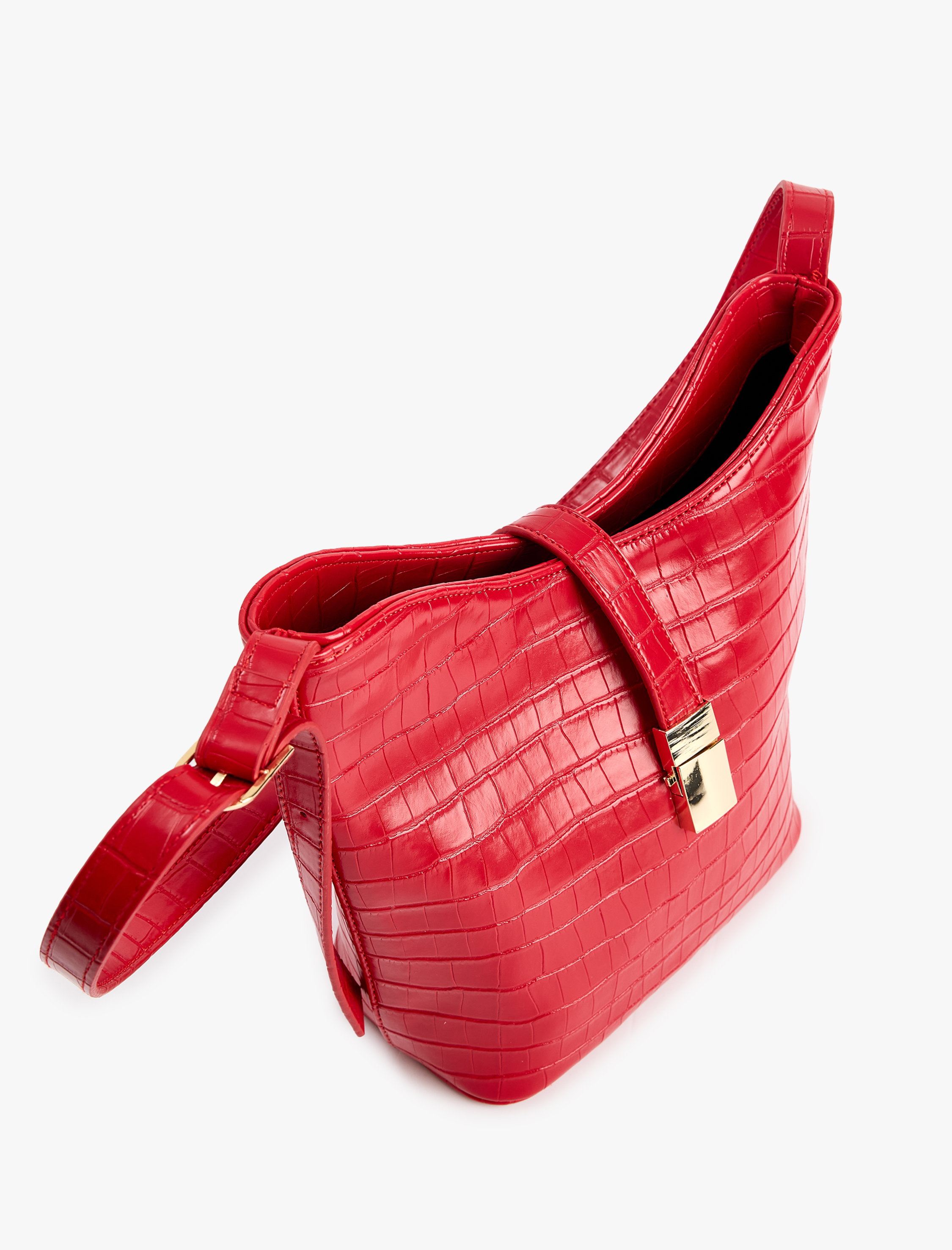  Kadın Kroko Desenli Suni Deri Metal Aksesuarlı Çapraz Çanta