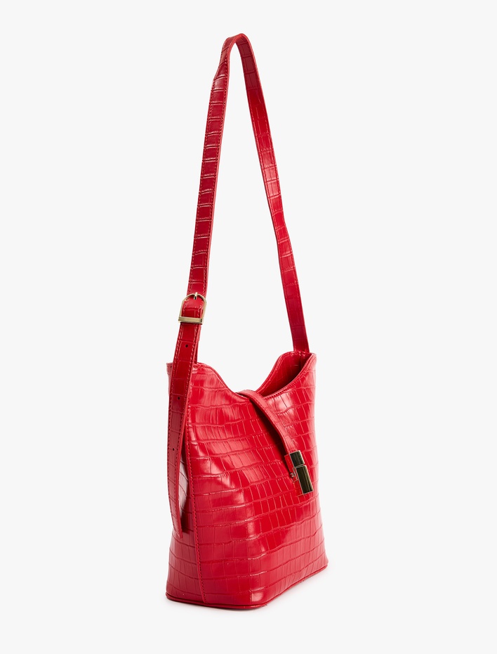 Kadın Kroko Desenli Suni Deri Metal Aksesuarlı Çapraz Çanta