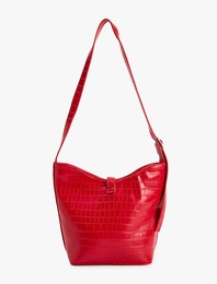 Kroko Desenli Suni Deri Metal Aksesuarlı Çapraz Çanta