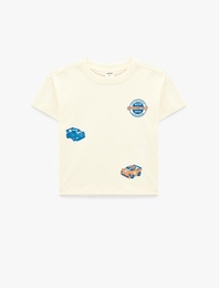 Baskılı Kısa Kollu Bisiklet Yaka Pamuklu Tişört