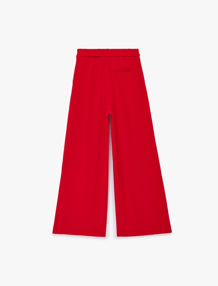  Krep Kumaş Pile Detaylı Geniş Paça Kemerli Palazzo Pantolon