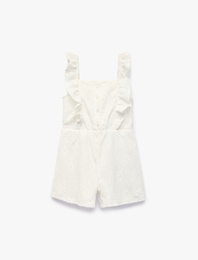 Fırfırlı Düğmeli Kare Yaka Brodeli Kısa Tulum