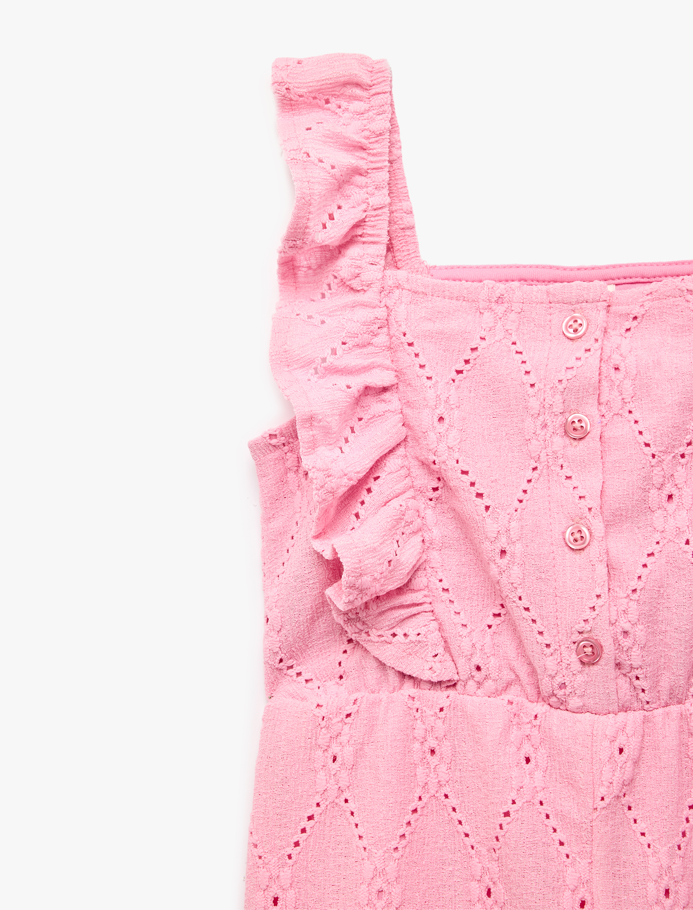  Kız Bebek Fırfırlı Düğmeli Kare Yaka Brodeli Kısa Tulum