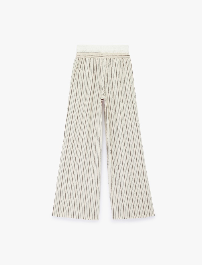  Viskon Kumaş Yüksek Bel Düğme Detaylı Geniş Paça Çizgili Pantolon