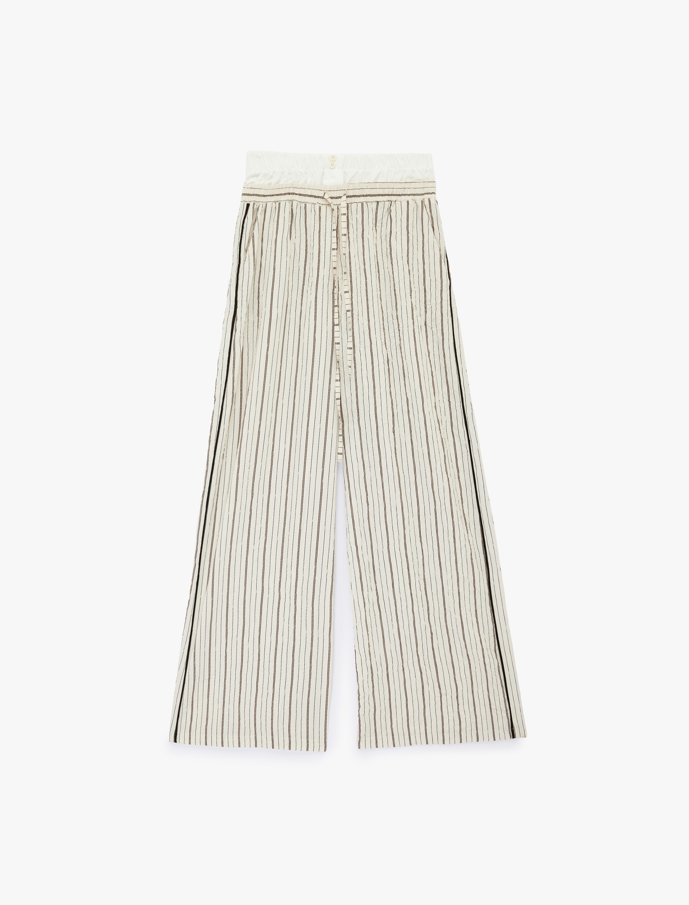   Viskon Kumaş Yüksek Bel Düğme Detaylı Geniş Paça Çizgili Pantolon