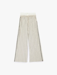 Viskon Kumaş Yüksek Bel Düğme Detaylı Geniş Paça Çizgili Pantolon