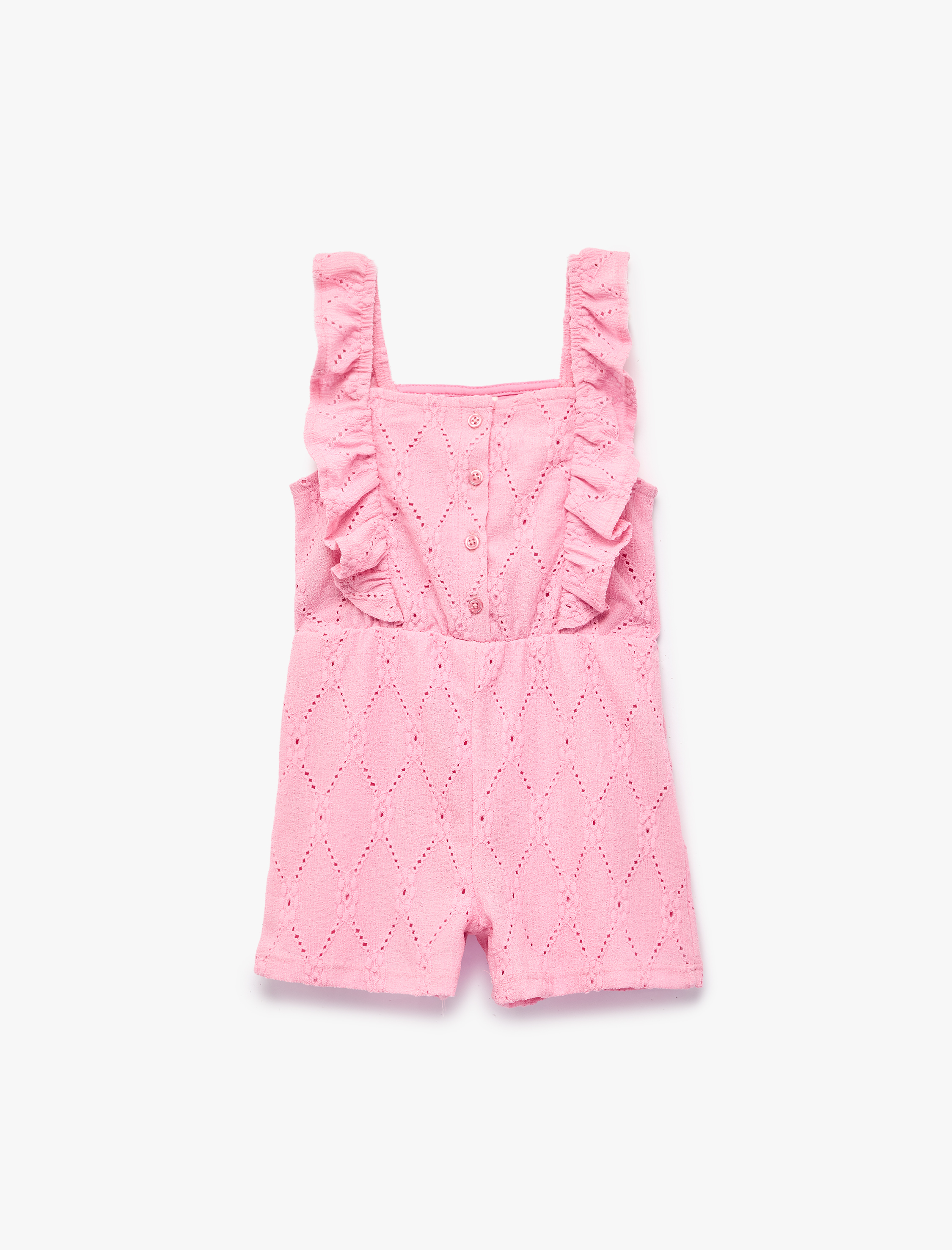  Kız Bebek Fırfırlı Düğmeli Kare Yaka Brodeli Kısa Tulum