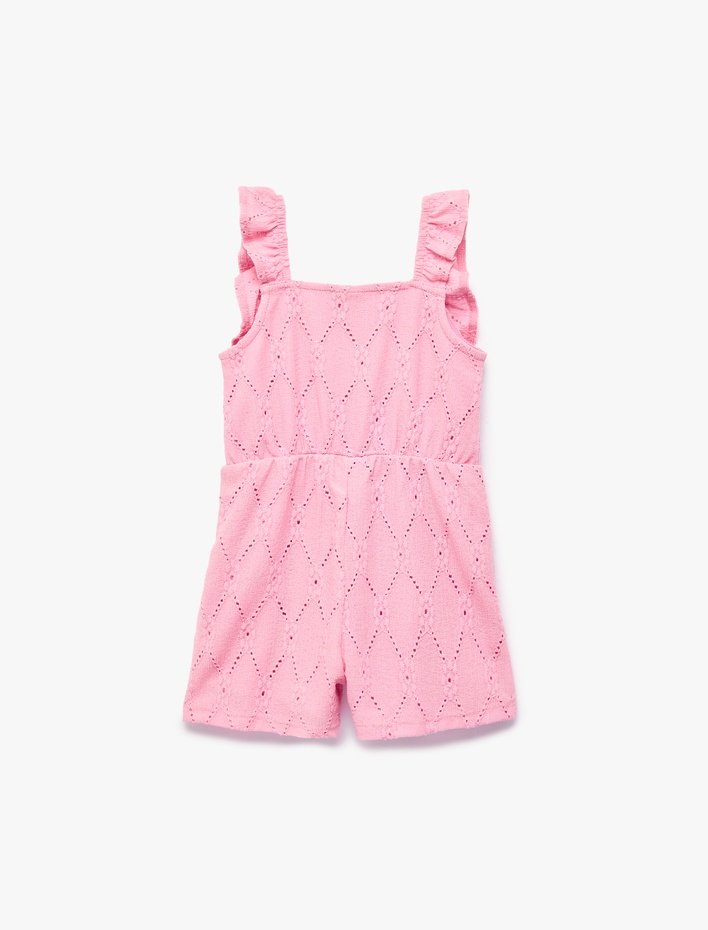 Kız Bebek Fırfırlı Düğmeli Kare Yaka Brodeli Kısa Tulum