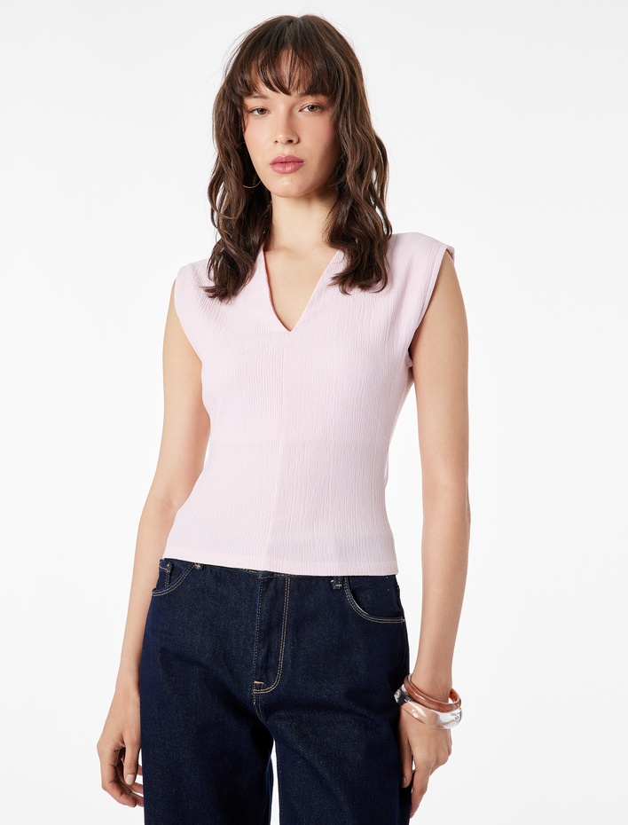  Dokulu Kolsuz Slim Fit V Yaka Bluz