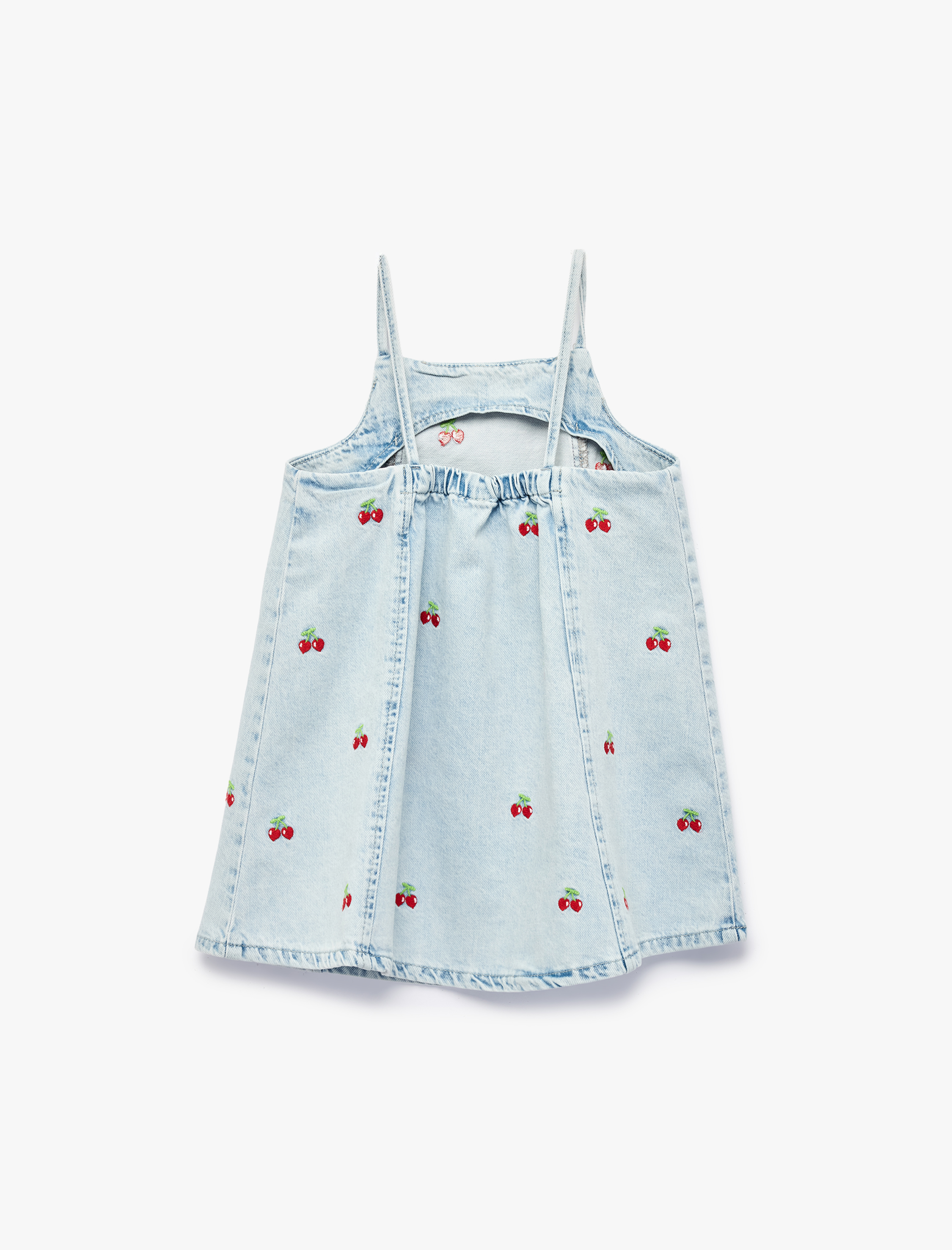  Kız Bebek Çilek Detaylı Kare Yaka Askılı Denim Elbise