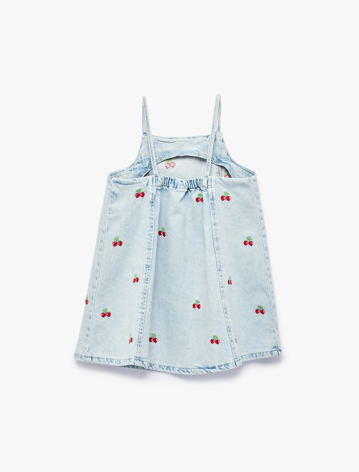 Kız Bebek Çilek Detaylı Kare Yaka Askılı Denim Elbise