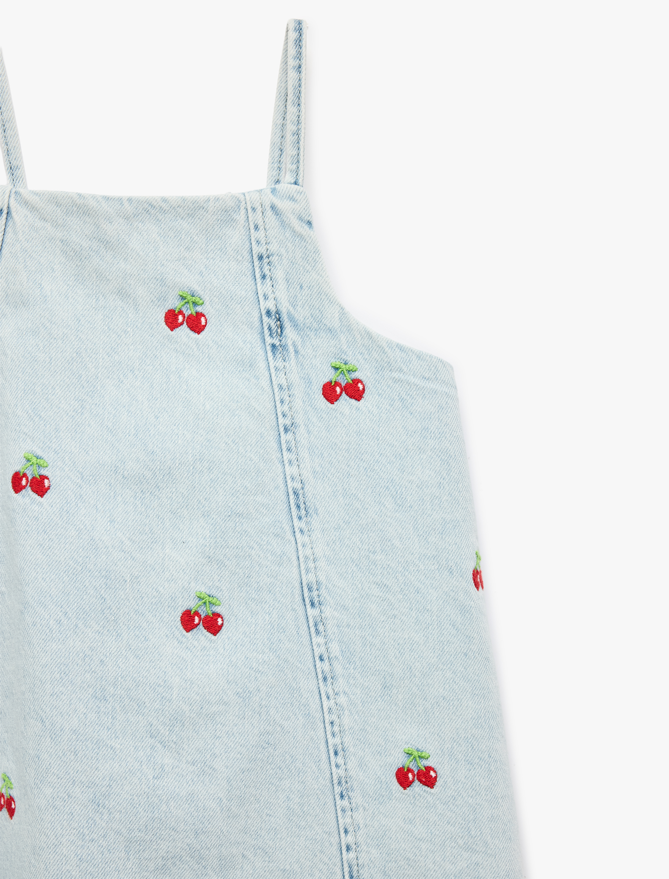  Kız Bebek Çilek Detaylı Kare Yaka Askılı Denim Elbise