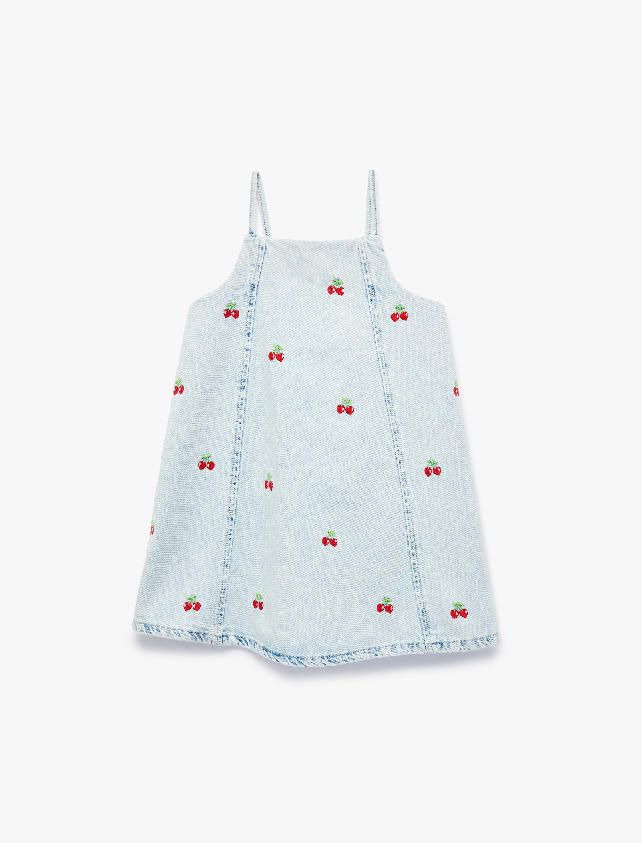  Kız Bebek Çilek Detaylı Kare Yaka Askılı Denim Elbise